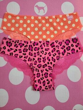 VTG VS PINK 2pk Graphic Cotton Lace Back Low Rise Hipster Panties Size Sm